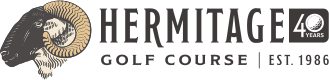 Hermitage Golf Course logo featuring a ram's head and the text 'Hermitage Golf Course | Est. 1986' with '40 Years' badge.